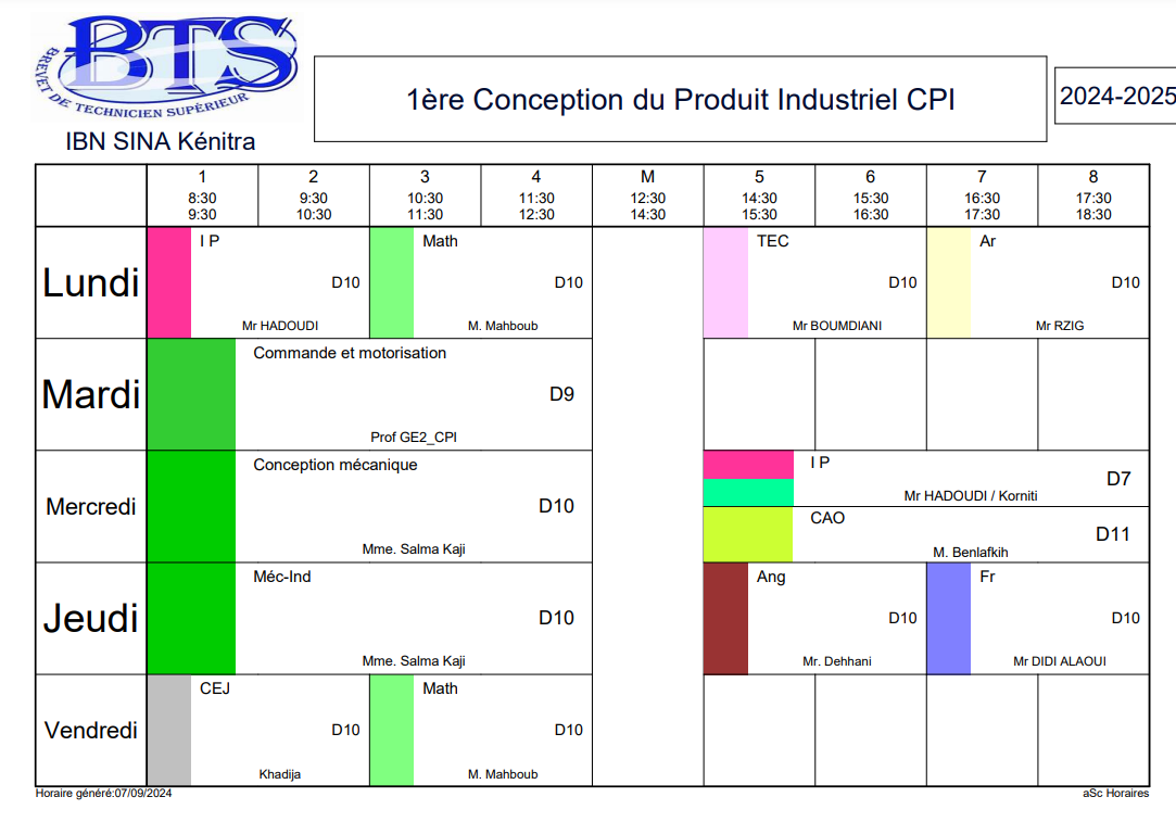 Emploi du temps Conception des Produits Industriels 1ere année BTS