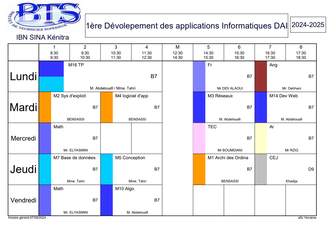 Emploi du temps Conception des Produits Industriels 2eme année BTS