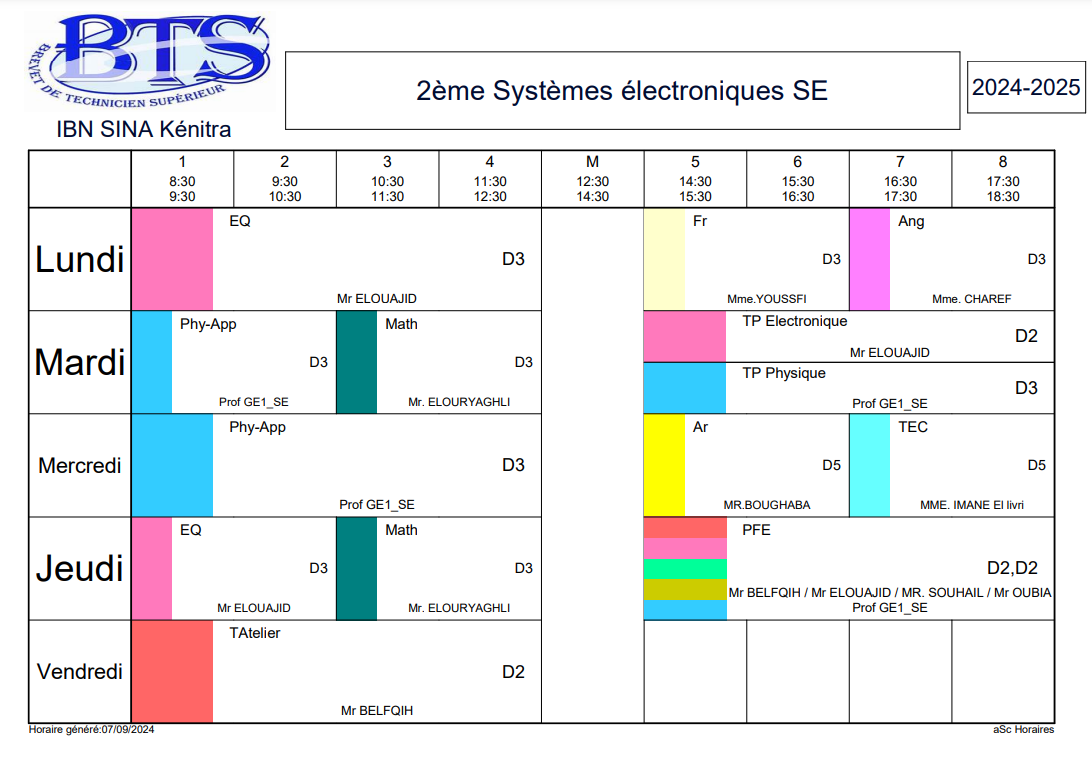 Emploi du temps Développement d'Applications Informatiques 1ere année BTS