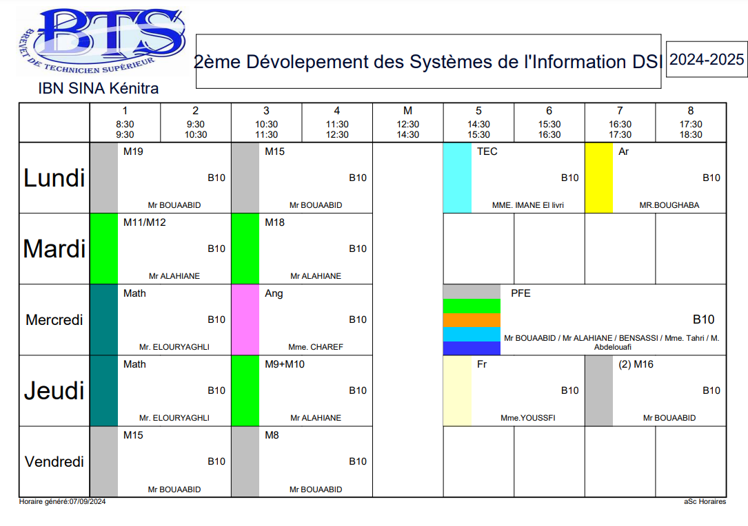 Emploi du temps Développement d'Applications Informatiques 2eme année BTS