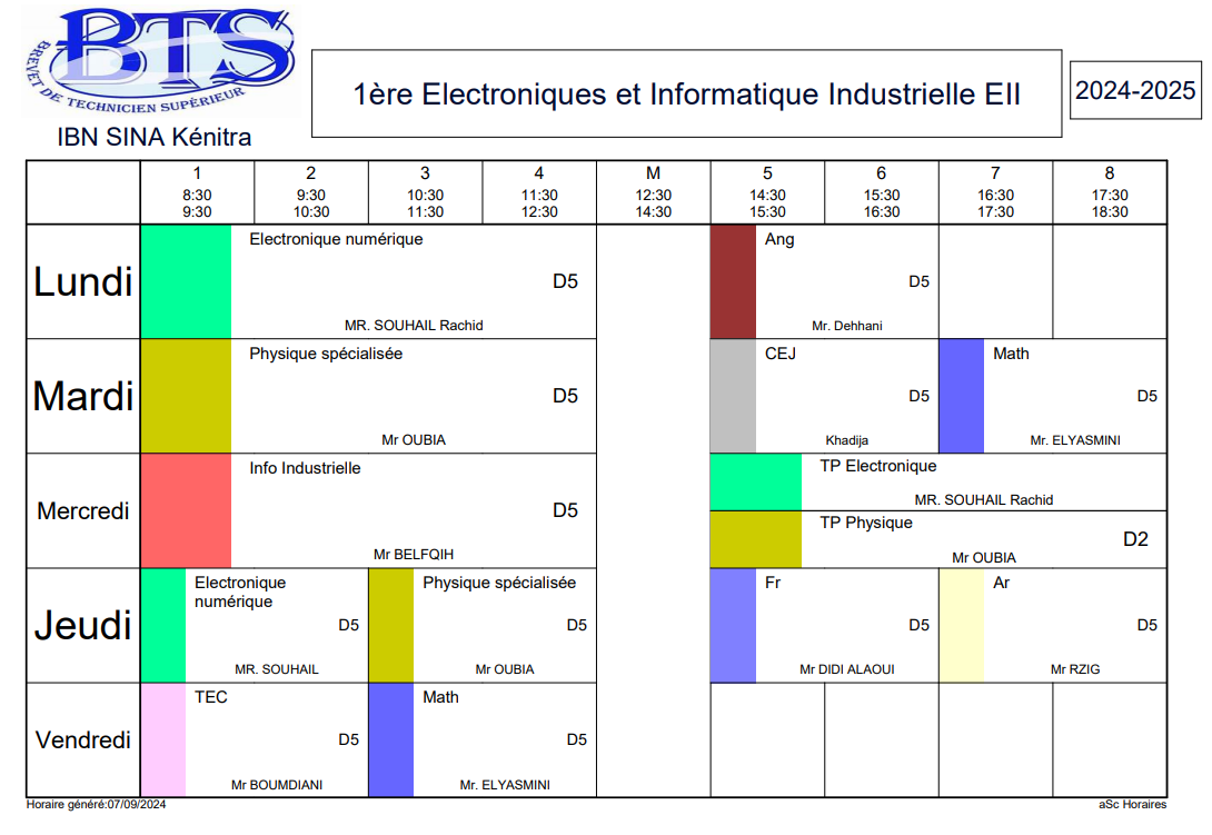 Emploi du temps Électronique et Informatique Industrielle 1ere année BTS
