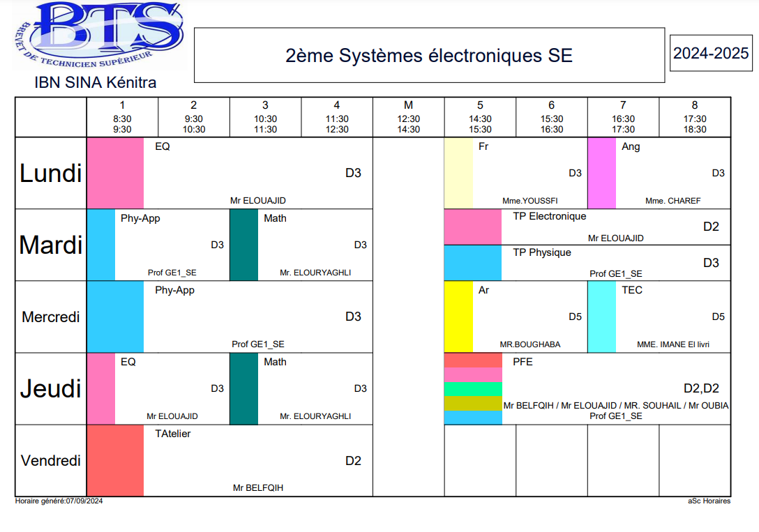 Emploi du temps Électronique et Informatique Industrielle 2eme année BTS