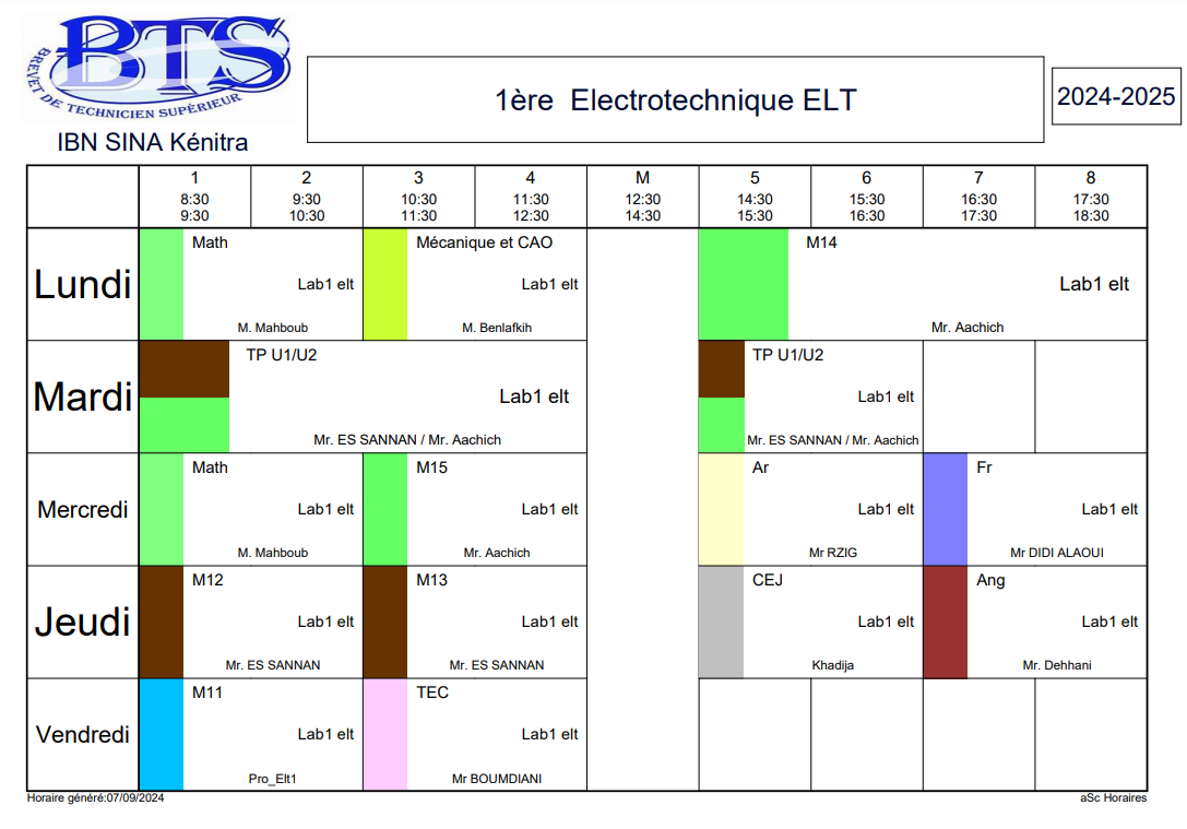 Emploi du temps Electrotechnique 1ere année BTS