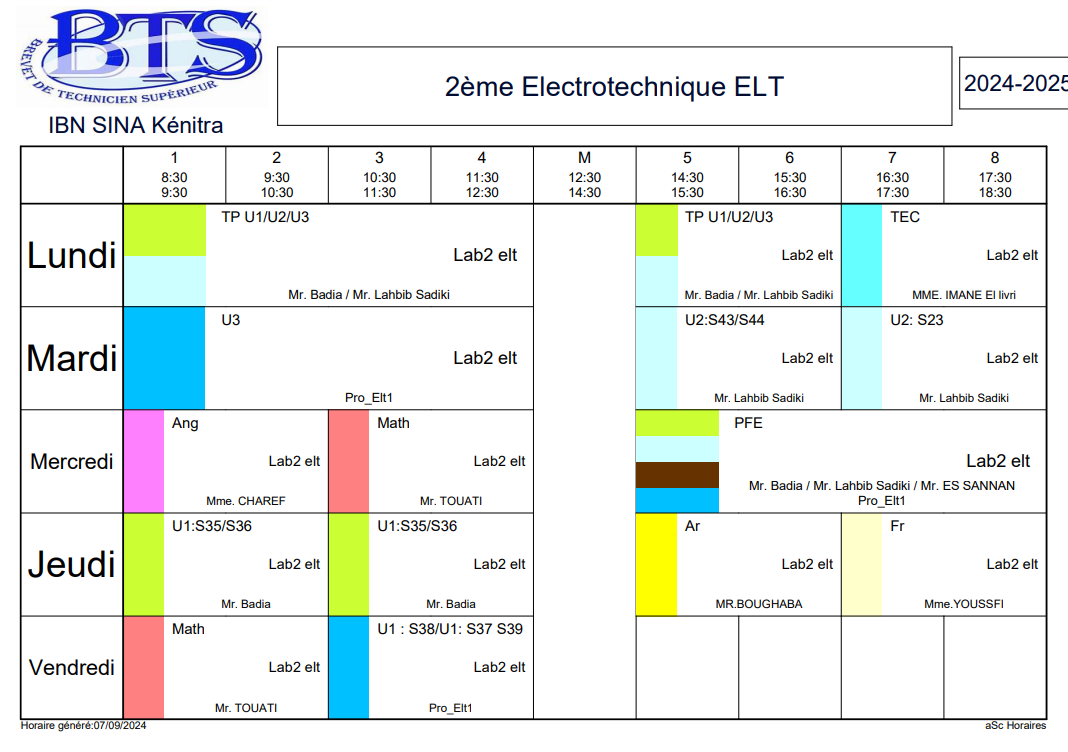 Emploi du temps Electrotechnique 2eme année BTS