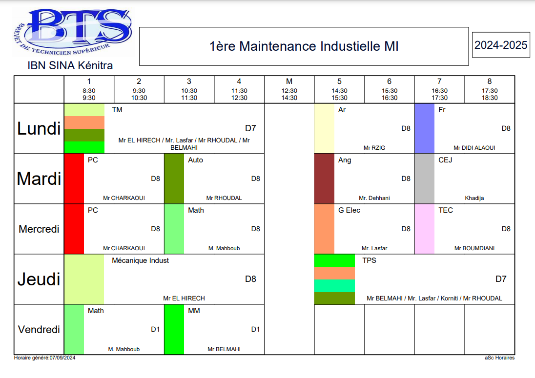 Emploi du temps Maintenance Industrielle 1ere année BTS