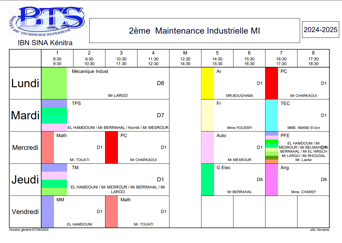 Emploi du temps Maintenance Industrielle 2eme année BTS