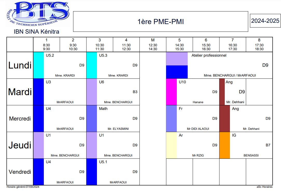 Emploi du temps Petites et Moyennes Entreprises 1ere année BTS