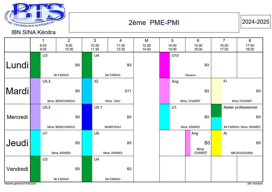 Emploi du temps Petites et Moyennes Entreprises 2eme année BTS
